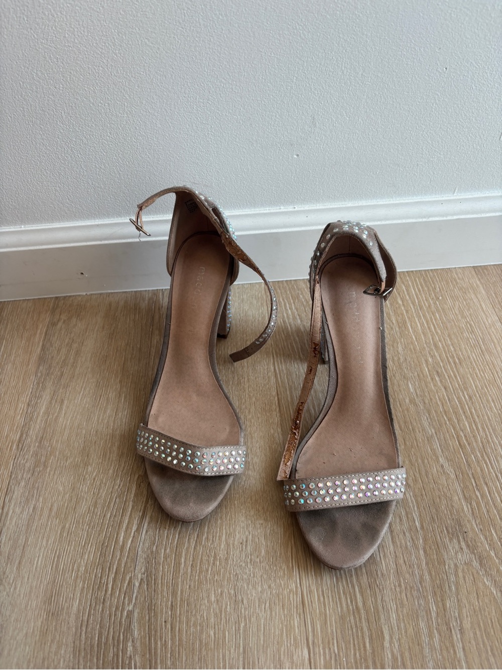 Women's Beige Crystal Ankle-Strap Heeled Sandals